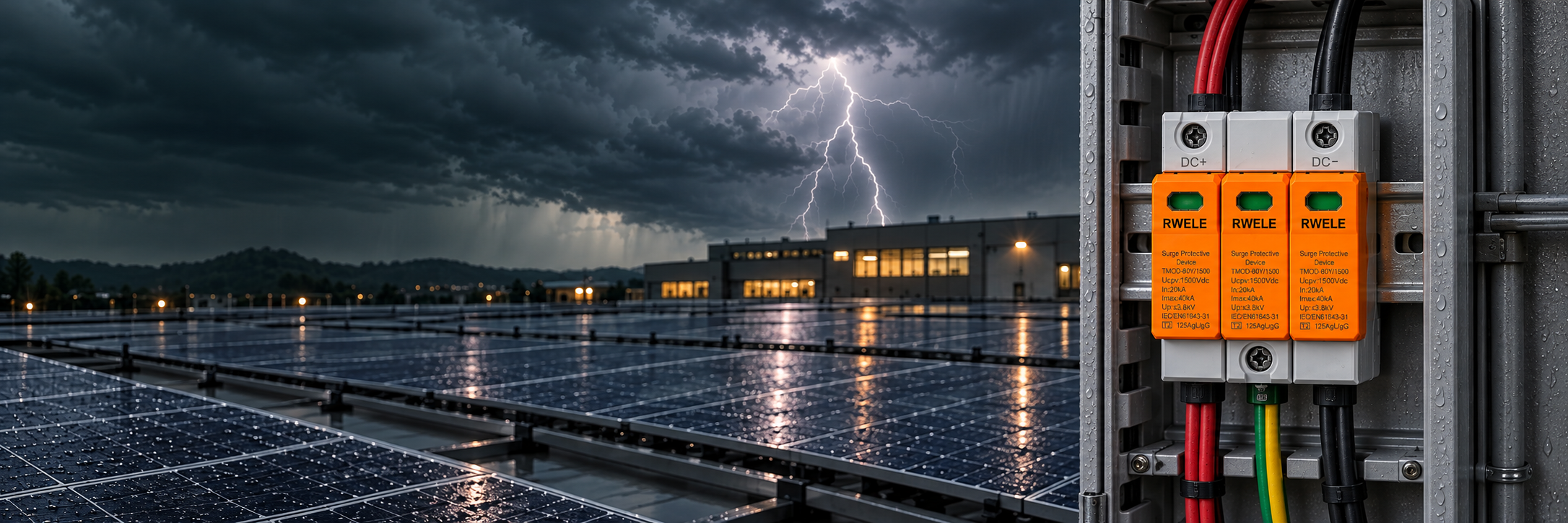 RWELE DC surge protective device with solar panels and a distant lightning storm
