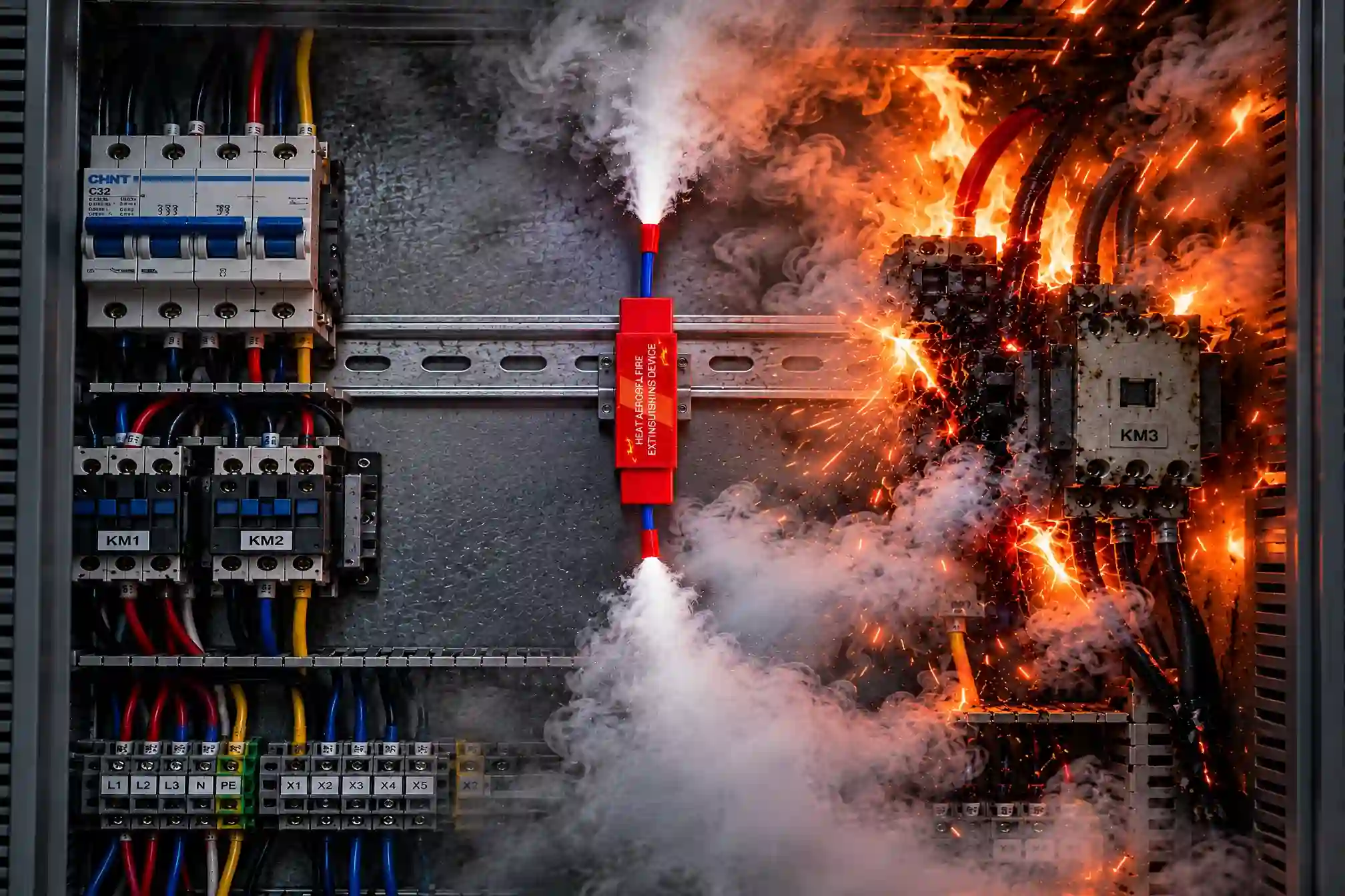 Thermal aerosol fire extinguishing device mounted inside an electrical cabinet